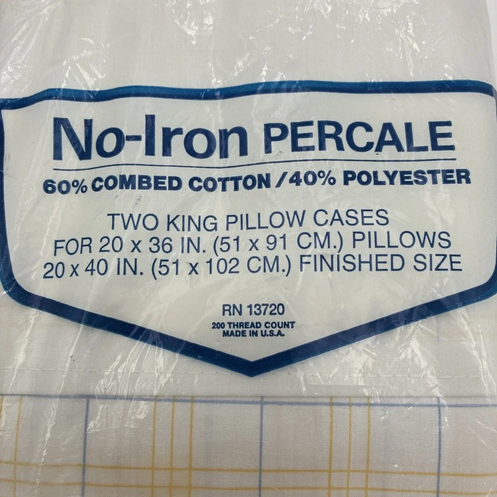 Vintage King Pillowcases No-Iron Percale Plaid Blue Yellow White Set of 2 USA